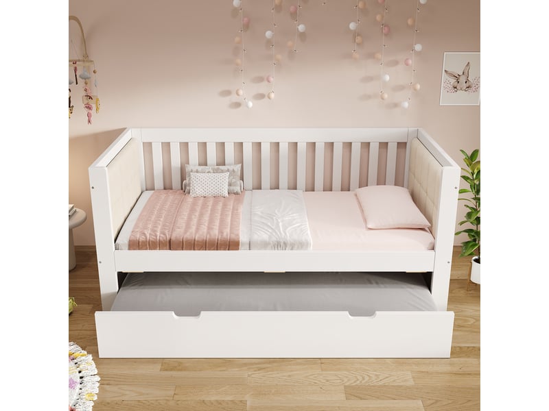  Lit gigogne 90x190 cm - lit 2 personnes avec tiroir 90x190 cm - idéal petit appartement - bois de pin - blanc  - Conforama B