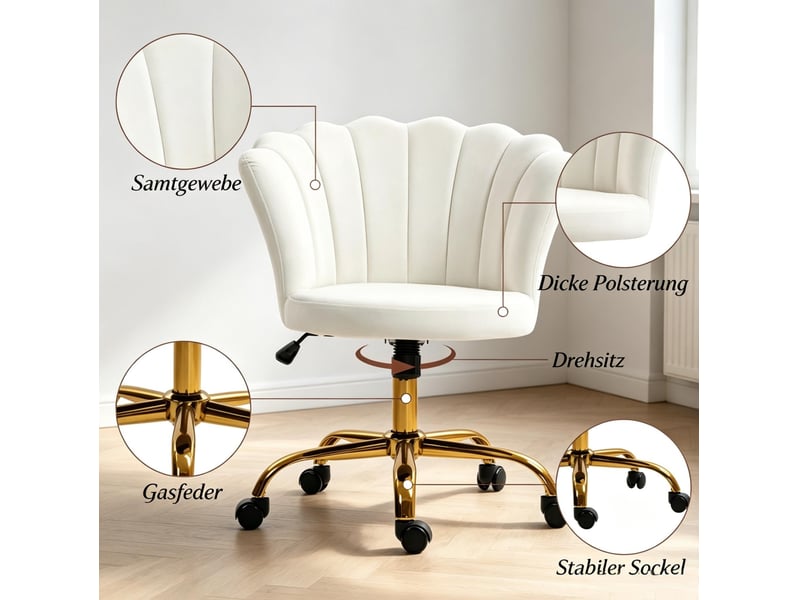 Fauteuil de bureau réglable 69 x 64 cm – blanc – velours, dossier pétale, roulettes et bascule  - Conforama D