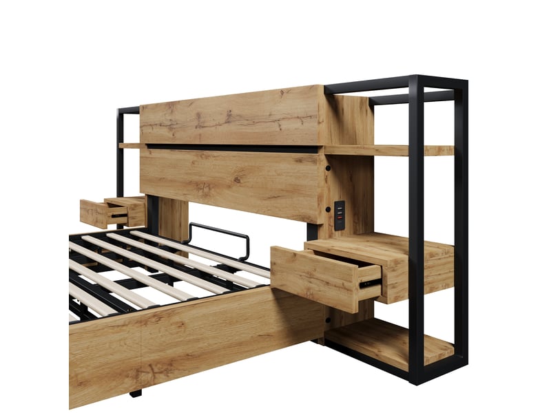Lit double adulte,160x200 cm,avec rangement et ports usb,mdf,effet chêne - Conforama D