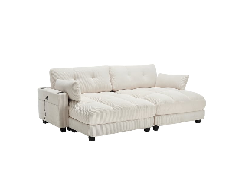  Fauteuil relax fixe en velours côtelé beige avec usb, 2 porte-gobelets et rangement latéral, pour vos pauses  - Conforama A