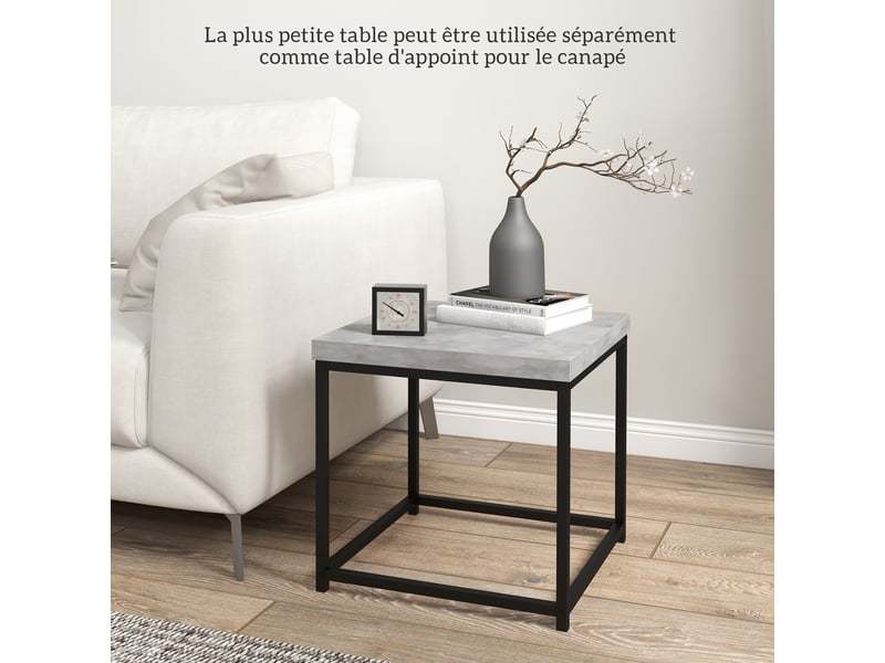  Lot de 2 tables gigognes tables basses carrées tables de cadre salon en acier et plateaux en bois gris  - Conforama E