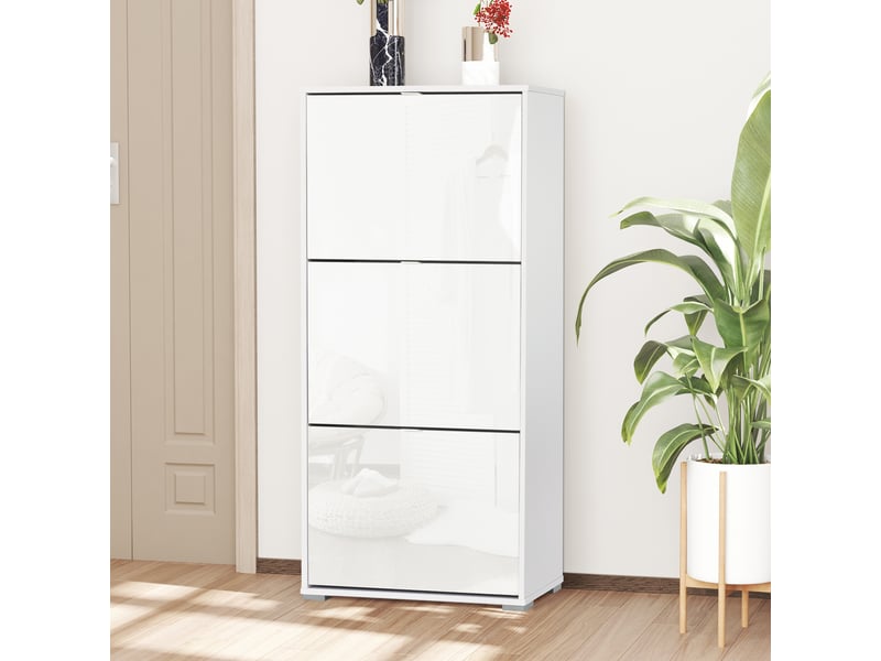  Meuble à chaussures armoire à chaussures 3 portes abattantes 3 compartiments en bois 60l x 26i x 124h cm blanc laqué  - Conforama B