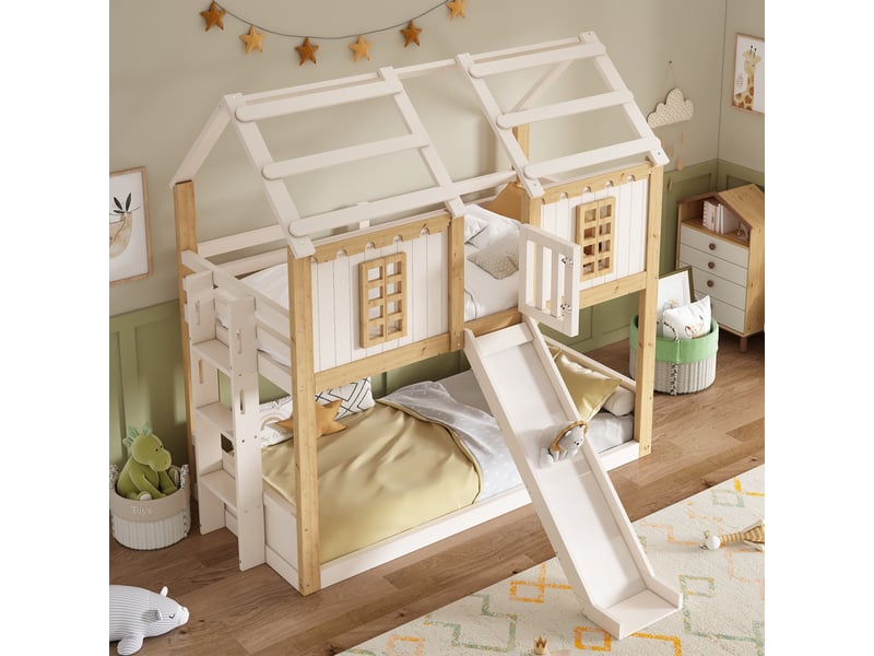 Lit superposé cabane 2 × 90 × 200 cm avec toboggan, blanc et bois naturel - Conforama D