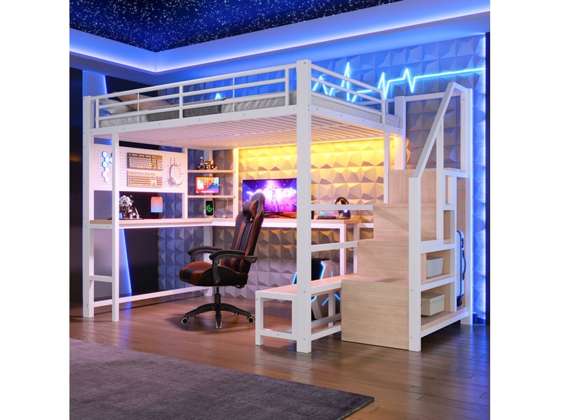  Lit mezzanine 140x200 cm blanc en métal et mdf, avec bureau intégré, rangements, led et usb, sans matelas  - Conforama E