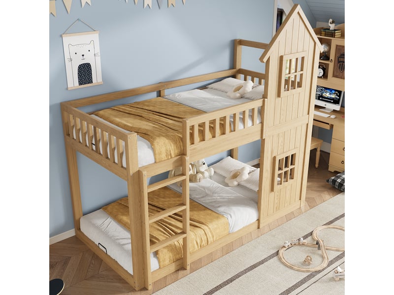  Lit superposé cabane 90 x 200 cm avec fenêtres et escalier à trois marches, garde-corps, structure en bois, bois, couleur bois Morn Vibe - Conforama C
