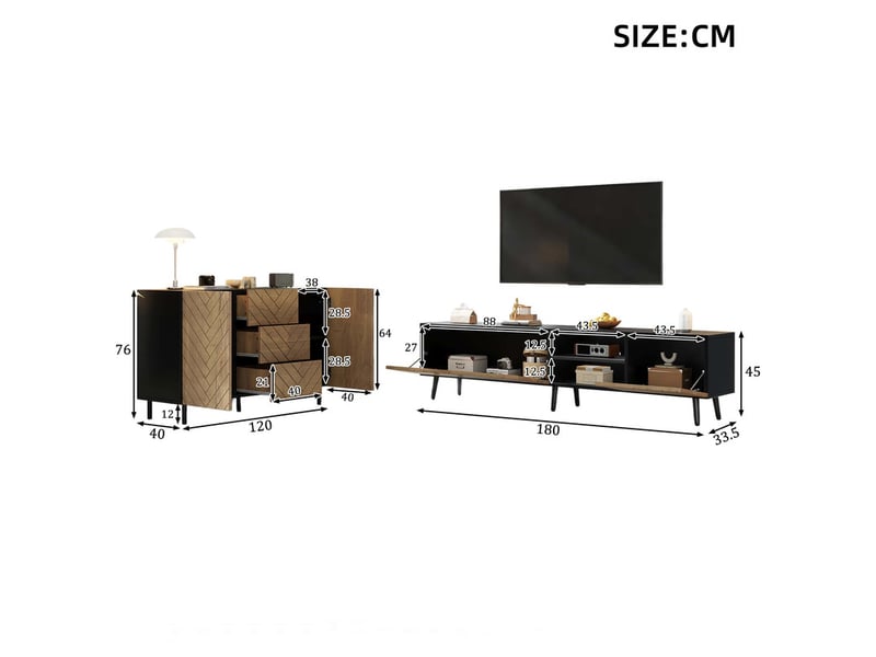  Ensemble meuble tv et buffet, 180×33,5×45 cm + 120×40×76 cm, en panneaux de particules imitation bois, couleur naturel  - Conforama C