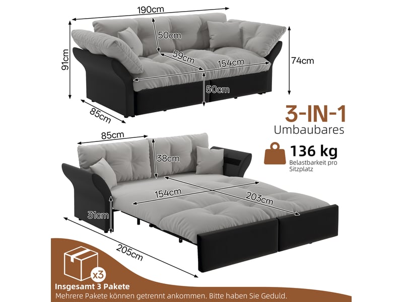 Canapé droit convertible 3-en-1 2 places en velours gris clair, couchage 154 × 203 cm, idéal pour vos invités - Conforama C