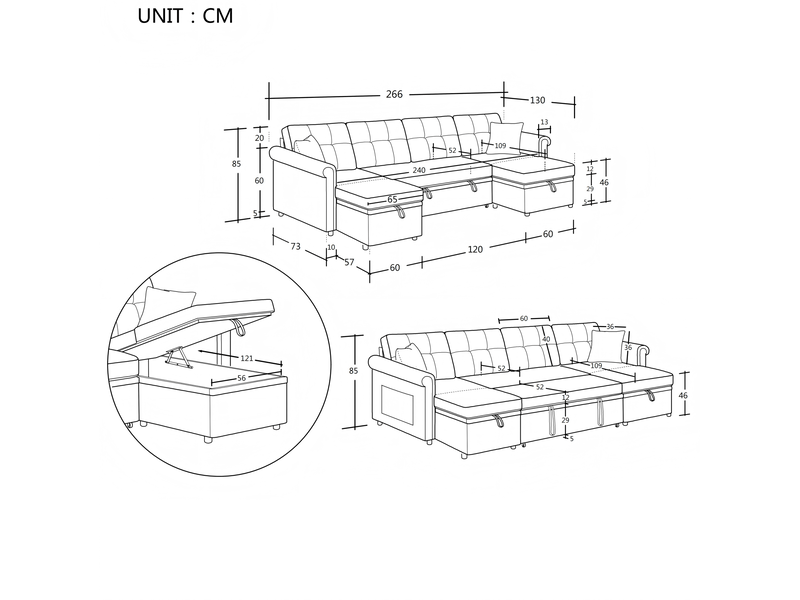 Canapé d’angle en u convertible 4 places, rangement, chenille gris, assise profonde - Conforama C