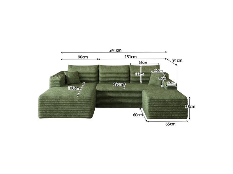  Canapé d’angle vert 4 places en velours côtelé, canapé moderne 241 cm avec méridienne pour salon, assise profonde et confortable  - Conforama B