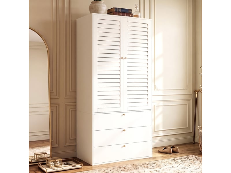  Armoire de chambre 90 x 50 x 200 cm avec 2 portes à persiennes, 3 tiroirs et tringle, armoire haute, blanc  - Conforama D