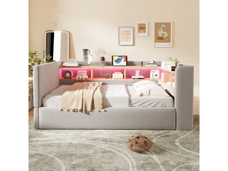  Canapé-lit 90x190 cm, lit enfant, couchage d'appoint, rangement hydraulique, gris clair, led  - Conforama D