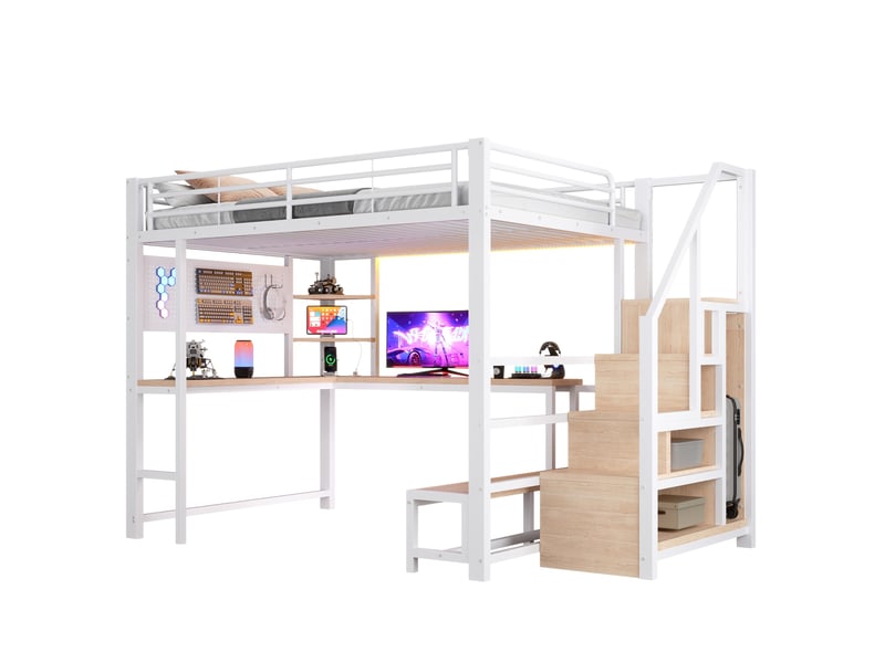 Lit mezzanine 140x200 cm avec bureau, rangements, led, usb et usb-c, blanc  - Conforama A