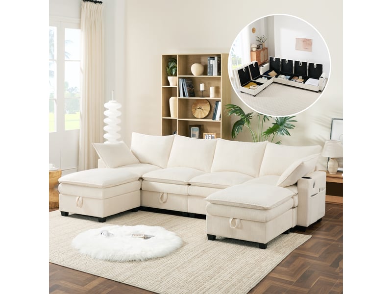  Canapé d'angle, canapé modulable, en velours côtelé, beige, porte-gobelets, repose-pieds, design moderne, usb  - Conforama A