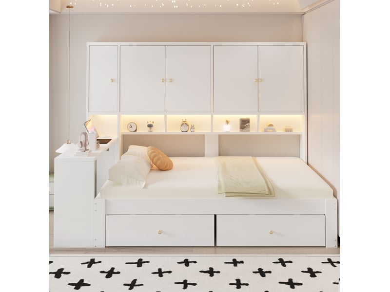  Lit multifonctionnel 90 x 200 cm blanc en mdf, bureau intégré, rangements, prises et éclairage led  - Conforama B