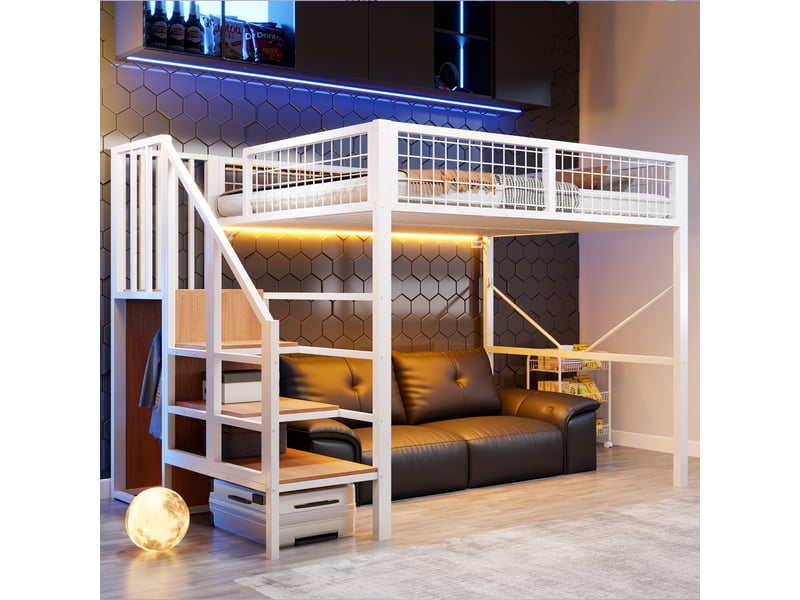 Lit mezzanine 140x200 cm en métal avec échelle de rangement, éclairage led, garde-corps sécurisé et espace bureau ou canapé sous le lit - blanc - Conforama E