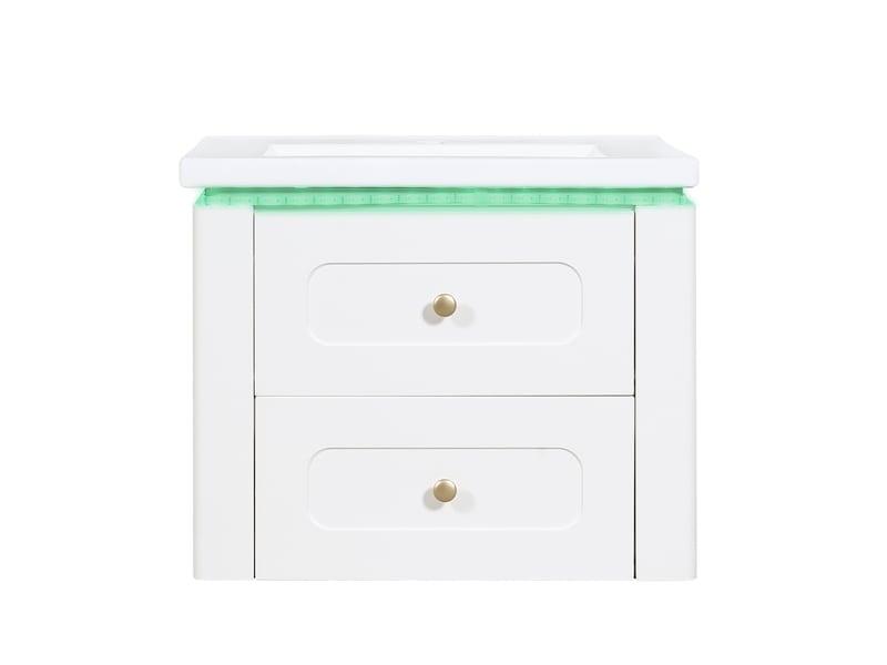  Meuble vasque mural blanc brillant 61 cm avec lavabo céramique, led, tiroirs et étagère latérale réglable  - Conforama A
