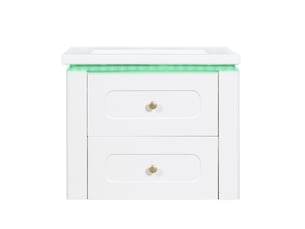 Meuble vasque mural blanc brillant 61 cm avec lavabo céramique, led, tiroirs et étagère latérale réglable
