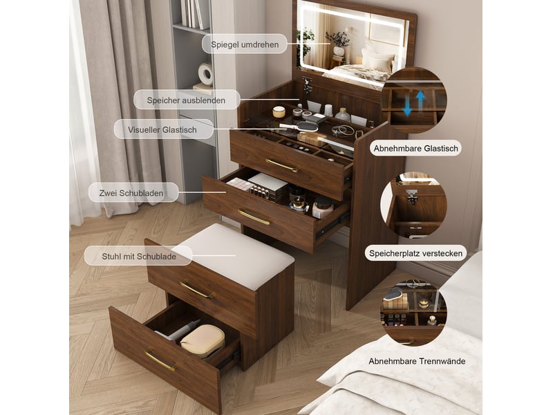  Coiffeuse d'angle 3 en 1 avec miroir 60x40x118 cm, meuble de chambre, 3 tiroirs, plateau en verre, mdf, couleur noyer  - Conforama D