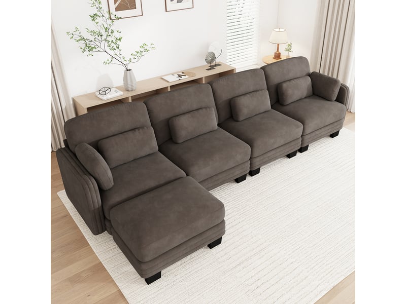 Canapé d'angle modulable - 4 places - forme l - 1 ottoman - coussins d'accoudoirs - tissu chenille - mobilier de salon - brun CozyNest - Conforama C
