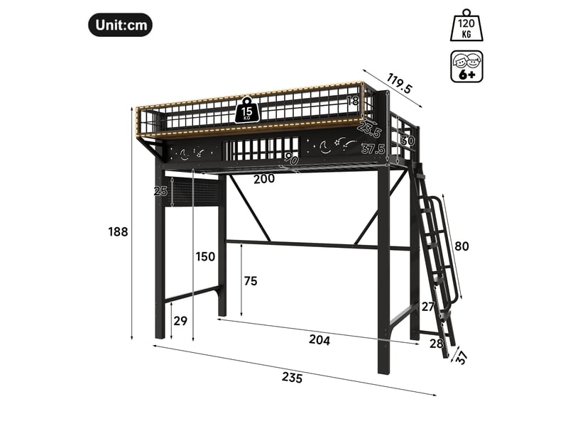  Lit mezzanine 90x200 cm, rangements latéraux et espace ouvert, en métal, noir, sans matelas  - Conforama C