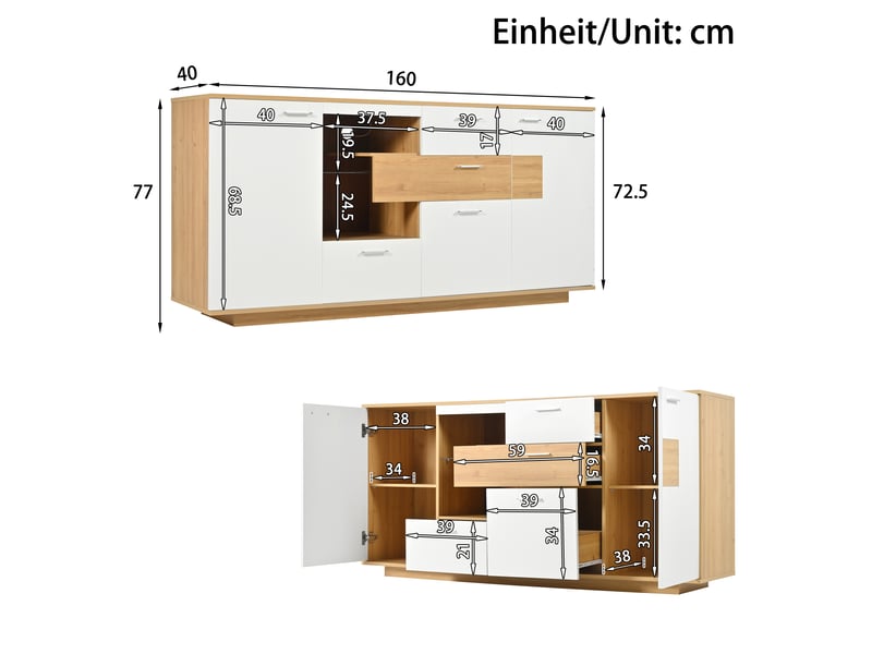  Buffet moderne blanc effet bois, 2 portes, 4 tiroirs, étagère en verre, led, 160x40x77 cm  - Conforama C