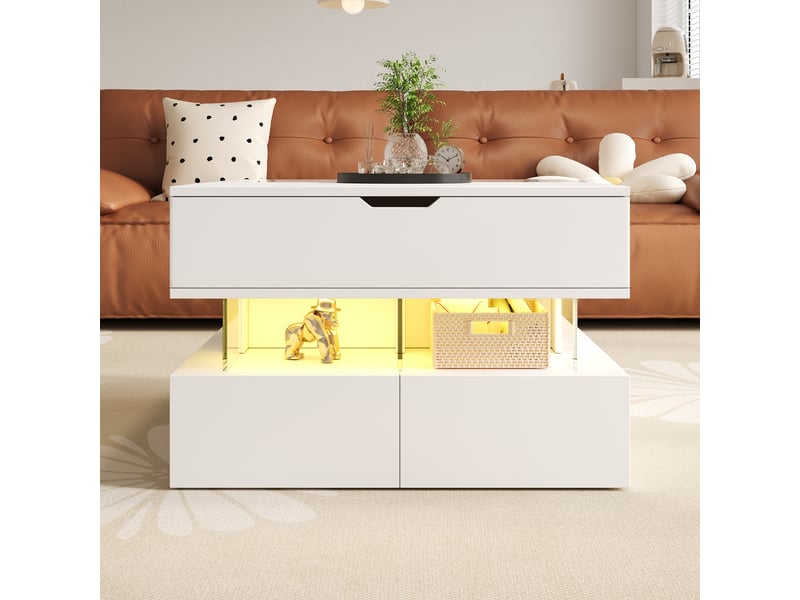  Table basse relevable rectangulaire blanc - 67x70 cm led panneau de particules table basse blanc - Conforama D