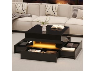Table basse relevable carrée 65x65 cm noire brillante avec led et rangement caché
