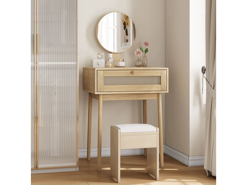  Coiffeuse avec miroir rond 60x50x128 cm-1 tiroir-décor rotin-compacte petits espaces-mdf-chêne clair-sans chaise  - Conforama B