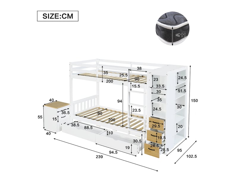  Lit superposé 90x200 cm – avec rangements tiroirs étagères et table de chevet – bois massif – blanc et naturel CozyNest - Conforama D