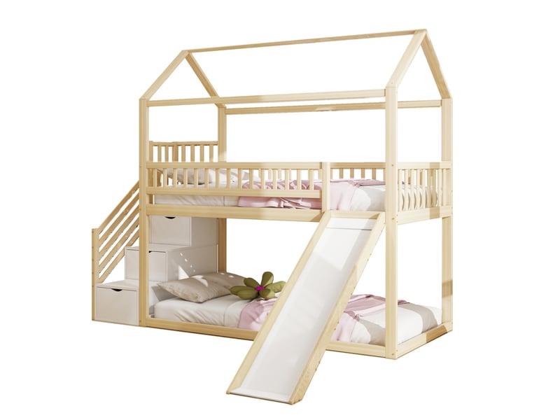  Lit mezzanine enfant 90x200 cm avec toboggan et escalier de rangement  - Conforama A
