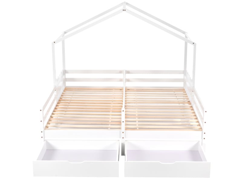  Lit cabane 90x200 cm, lit double en forme de maison avec 2 tiroirs, en bois, blanc, sans matelas  - Conforama E