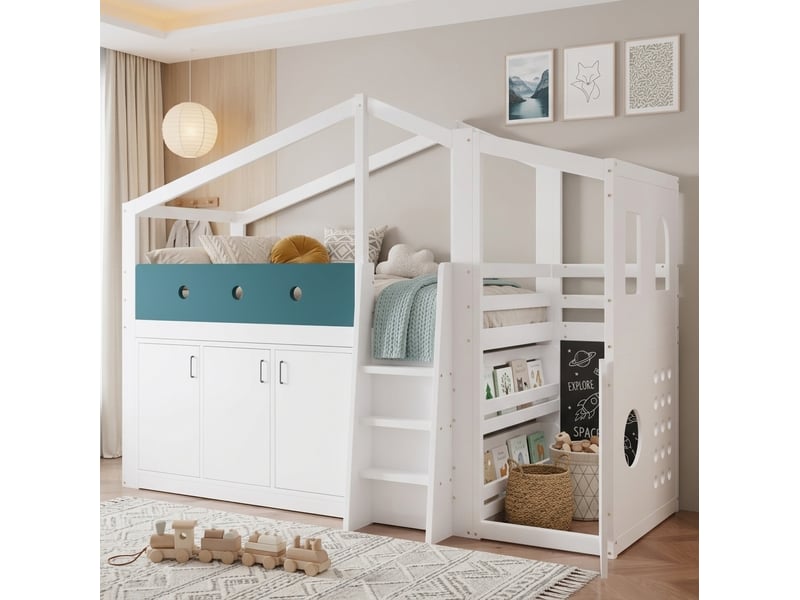  Lit mezzanine enfant 90x200 cm, avec espace de jeu et rangement, en bois, blanc, sans matelas  - Conforama B