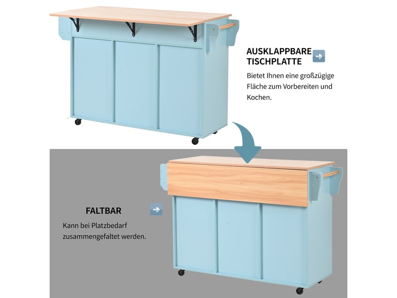  Desserte de cuisine bleue 139 × 4671 × 91,5 cm en mdf, plateau aspect bois rabattable, rangements, roulettes et pieds bois  - Conforama C