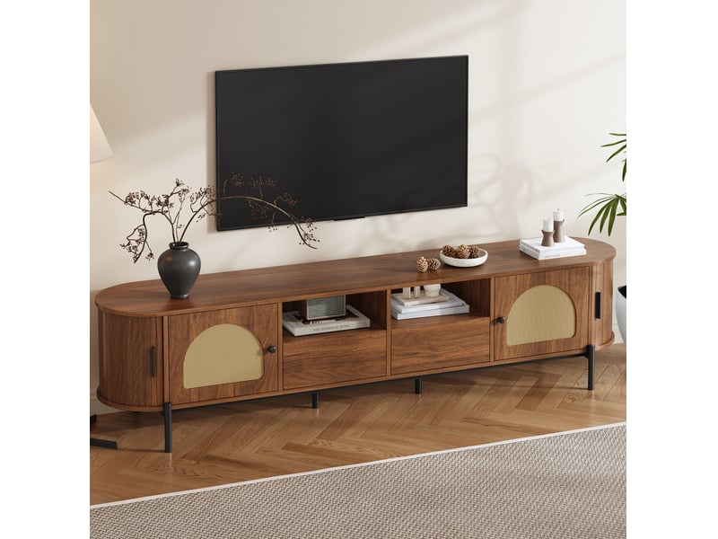  Meuble tv ovale 200x40x49,5 cm, couleur noyer, portes coulissantes et 2 tiroirs, rangement intégré, aggloméré et cadre en métal, pour salon  - Conforama D