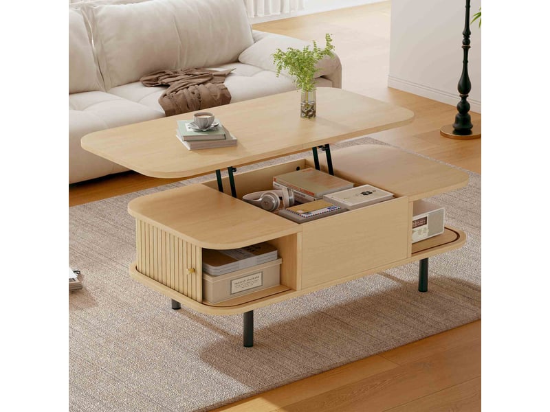  Table basse relevable 101x51x52,5 cm en mdf effet noyer, table basse 2 en 1 avec rangement, plateau réglable en hauteur, 2 portes coulissantes-naturel  - Conforama B