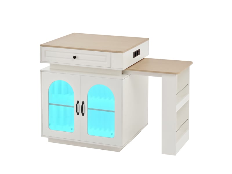  Îlot de cuisine sur roulettes 128-200x71x92cm avec table extensible 2 à 4 places,led,usbusb-c et rangements,mdf blanc et effet bois Sol Morn - Conforama A