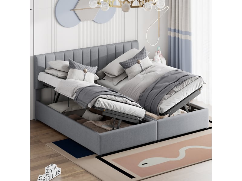 Lit coffre 180x200 cm, coffre de rangement hydraulique et convertible en 2x90x200 cm, en tissu, gris, sans matelas - Conforama B