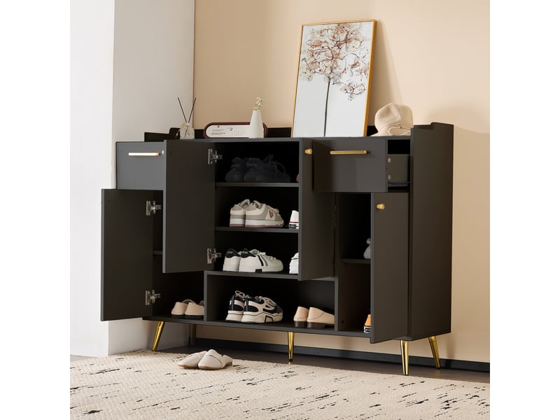  Rangement chaussures 130cm - 2 tiroirs, 4 portes, pieds métal - noir  - Conforama E