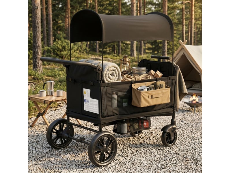  Poussette double pliable 122x66x122 cm noire en acier et tissu oxford, 2 sièges, pare-soleil et harnais 5 points  - Conforama D