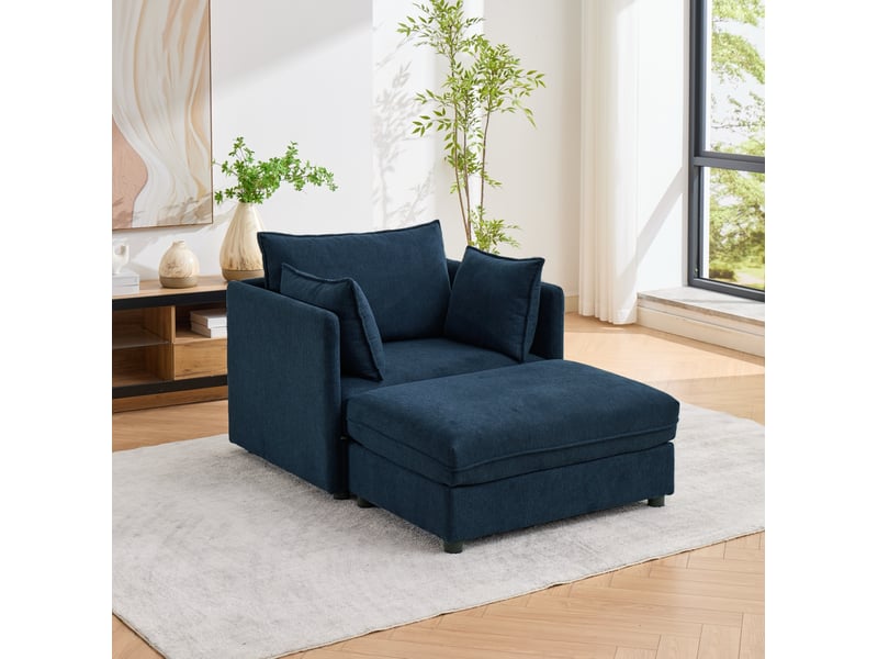  Fauteuil lounge une place modenvie avec pouf de rangement en velours bleu, design moderne, 149 x 103,5 x 81 cm  - Conforama D