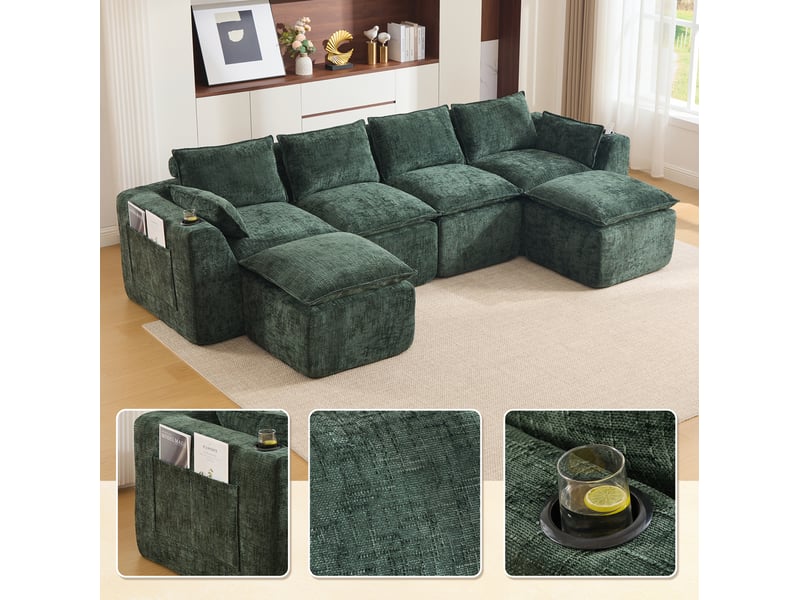  Canapé modulaire 4 places modenvie avec 2 poufs, coussins, porte-gobelets et poches latérales en chenille vert foncé  - Conforama E