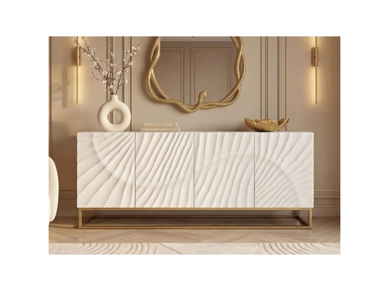  Buffet silva 177 cm en bois massif de manguier blanc sculpté – 4 portes et piètement doré  - Conforama D
