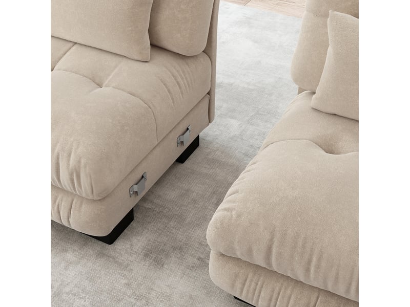  Canapé modulaire 220x145x81cm 2 places, poufs mobiles, coussins inclus, assise généreuse, tissu chenille, café clair  - Conforama E