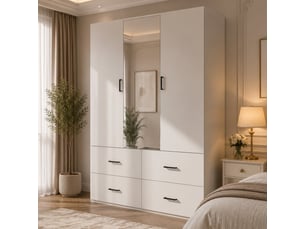 Armoire blanc,2 portes battantes ,1 miroir ,4 tiroirs ,2 penderies, l 130 x h 181.5 x p 51.8 cm,armoire de chambre