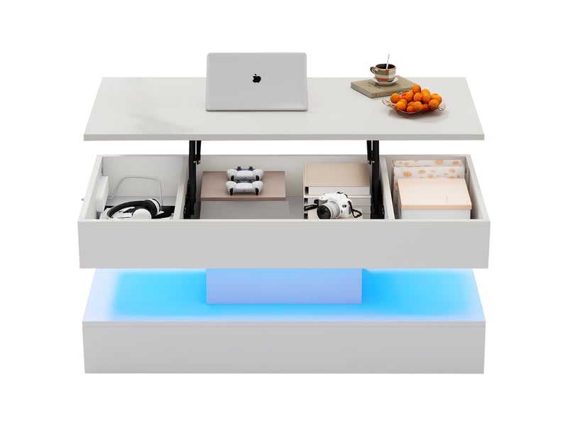  Table basse, à plateau relevable, avec éclairage led, avec rangement intégré, 100 x 50 x h 42–56 cm, blanc, structure en panneau de particules Luxe haut de gamme - Conforama A