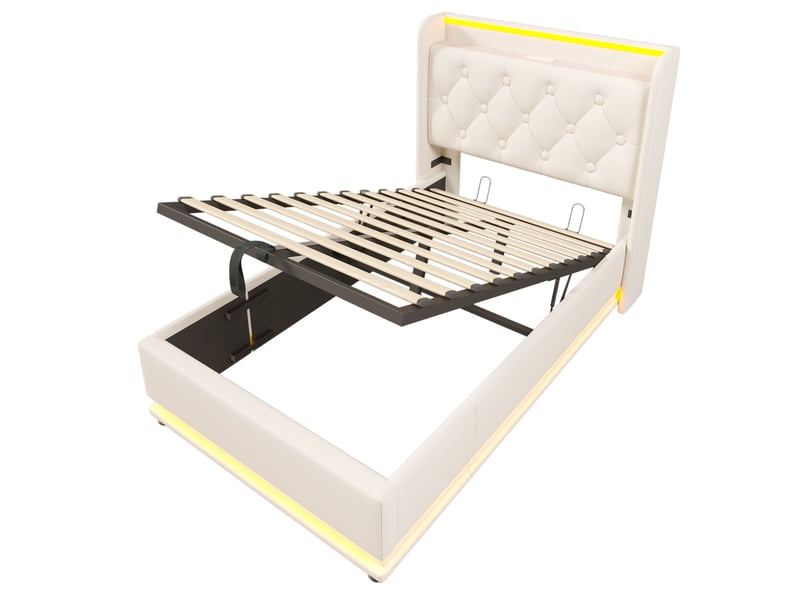  Lit coffre 90x200 cm, rangement hydraulique, éclairage led, usb et usb-c, tête de lit avec rangement pour chambre - blanc  - Conforama A
