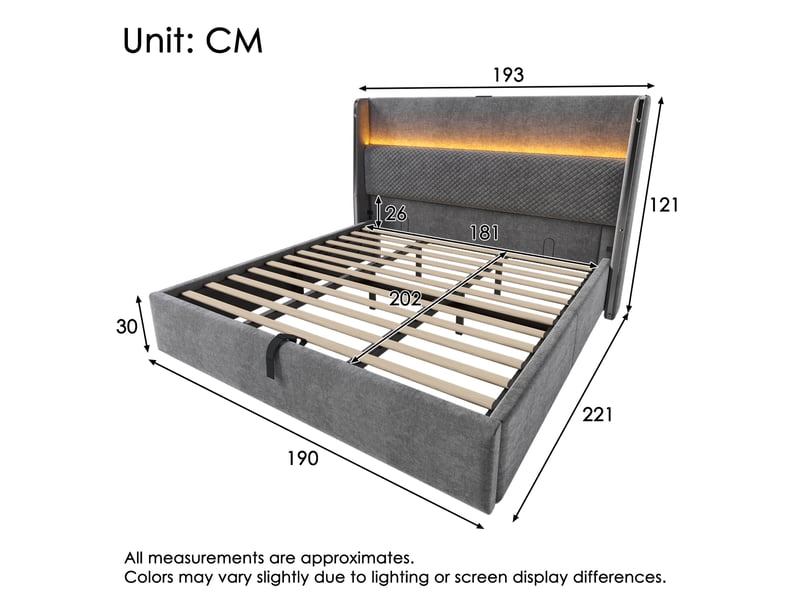  Lit coffre, lit double 180x200 cm, rangement hydraulique, led, usbusb-c, matelas inclus, lin gris  - Conforama C