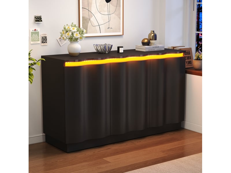 Buffet 120x39.5x69.5 cm à 3 portes avec led bluetooth, noir mat  - Conforama B