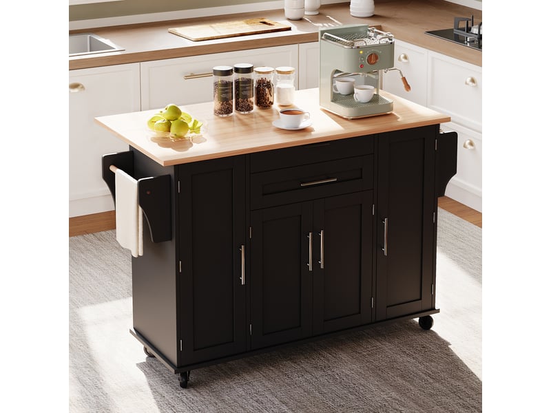  Desserte de cuisine avec 4 portes, 2 tiroirs, étagères réglables et roulettes pour cuisine en mdf 136×70×92 cm noir naturel  - Conforama B