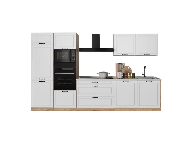 Vicco cuisine, blanc campagnechêne doré, 340cm plan de travail marbre - Conforama E